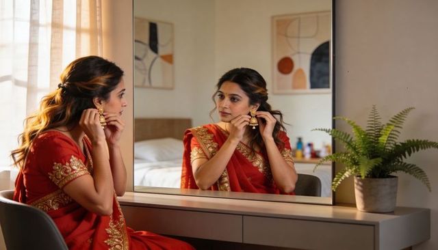 Woman in red saree adjusting gold jhumka at vanity mirror reflecting ceremonial elegance