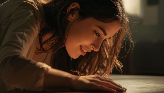 Young woman leaning on wooden desk bathed in warm sidelight, intimate closeup portrait