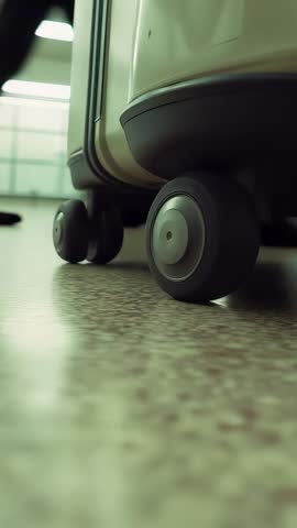 Vertical travel video of rolling suitcase wheels gliding across terrazzo terminal floor