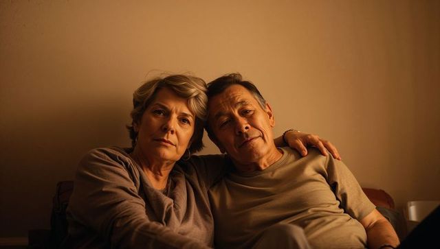 Senior couple sitting close on sofa embracing quiet evening together in warm ambient light