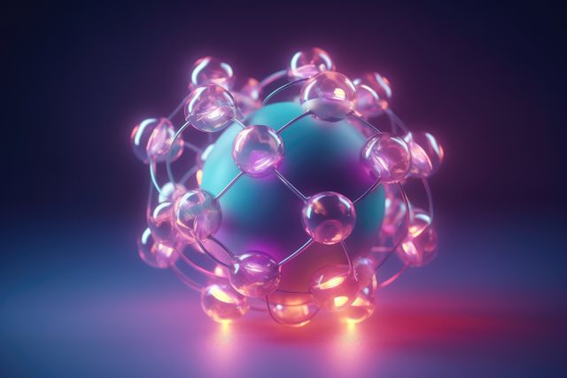 Purple atoms forming molecular structure, created using generative ai technology. Science, nature, matter, model and structure concept digitally generated image.