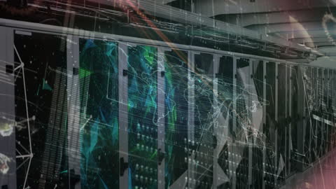 Futuristic World Map Overlay on Server Infrastructure