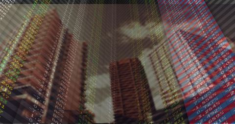 Skyscraper finance overlay with stock market ticker and data streams over city skyline