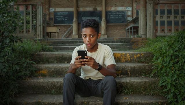 Teenage boy using smartphone at abandoned site