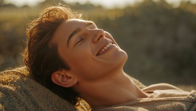 Young man reclining in meadow soaking up golden sunlight, peaceful outdoor lifestyle moment