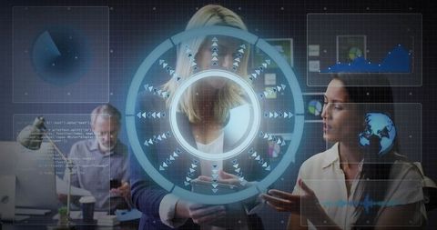 Businesswomen using augmented reality hud for collaborative data analytics on smartphone