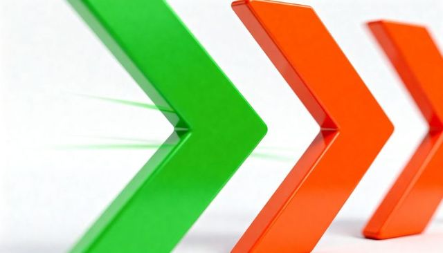 Pointing glossy chevron arrows in green and orange conveying forward motion and progress