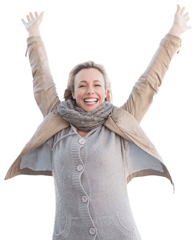 Happy Woman Smiling with Arms Raised on Transparent Background