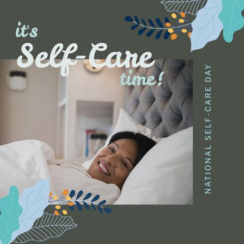 smiling woman embracing self-care in cozy bedroom - Download Free Stock Templates Pikwizard.com