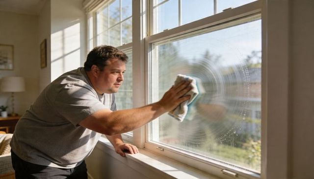 Sunlit man cleaning window with soapy microfiber cloth, homeowner wiping living room glass