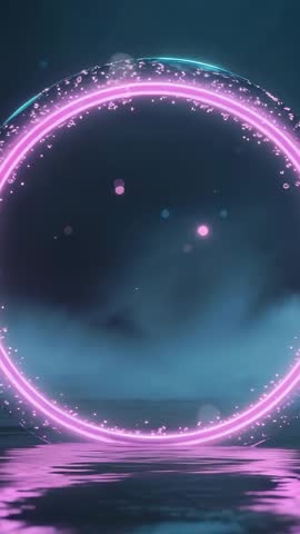 Vertical Neon Ring Loop — Magenta Portal Materializing Over Reflective Water, Futuristic