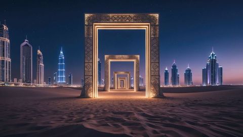 Futuristic Illuminated Arches in Desert with City Skyline at Night