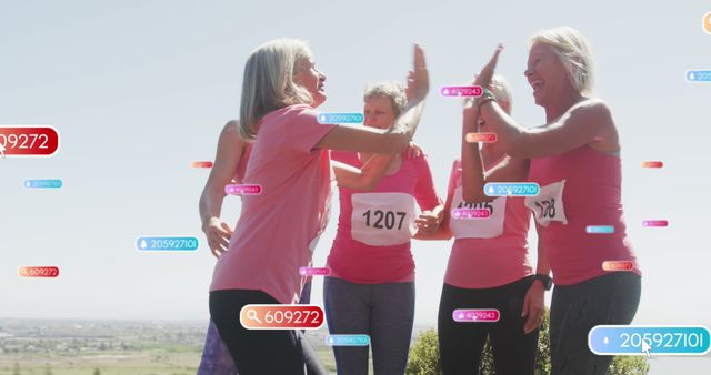 Middle-aged Women Celebrating After Fitness Race with Wearable Tech Data Visualization - Download Free Stock Images Pikwizard.com