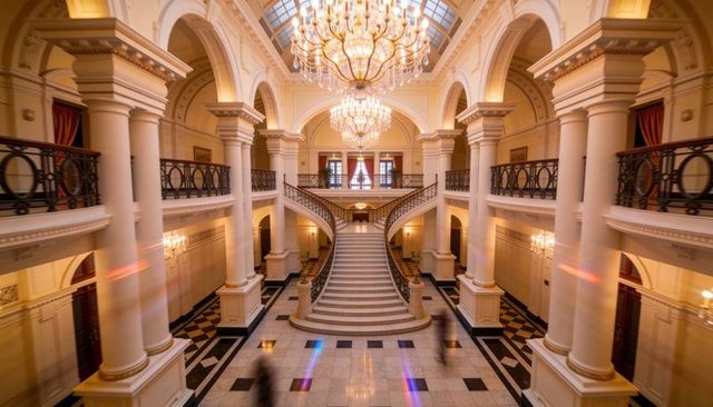 Grand neoclassical lobby with sweeping double staircase, marble floors, crystal chandeliers