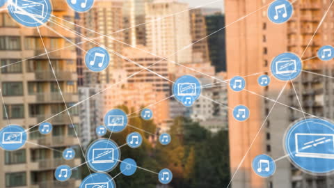 Digital Icons Network Amidst Urban Skyline