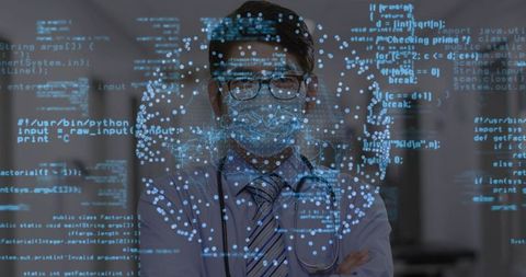 Doctor in PPE and Lab Coat with Floating Digital Network Interface