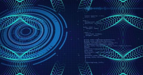 Neon holographic hud interface with rotating data rings and abstract ribbon grid