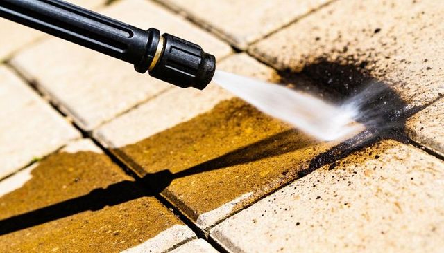 High-pressure washer blasting grime from beige pavers restoring clean patio surface