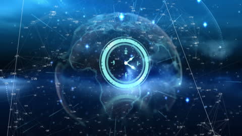 Global Data Network with Digital Clock Overlay