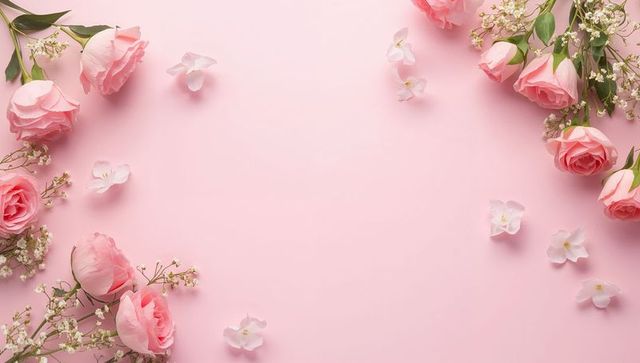 Framing pale pink roses and baby's breath surrounding pastel pink background