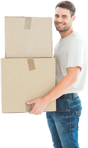 Transparent cheery delivery man holding cardboard boxes