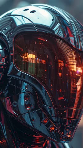 Circling Futuristic Metallic Helmet with Glowing Visor in High-Tech Lab Vertical Video