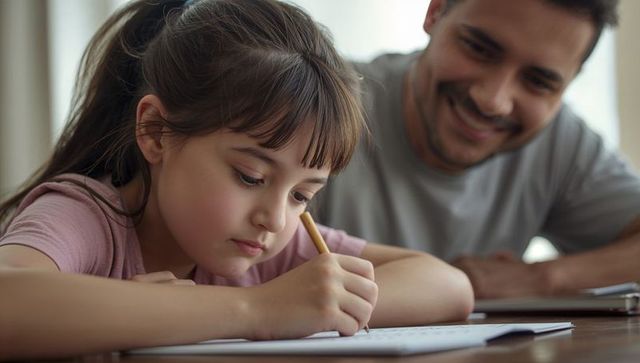 Focused daughter writing homework at home while father watching and offering gentle support