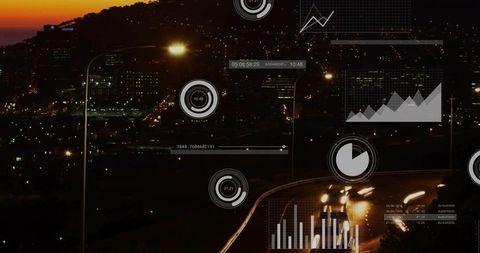 Urban Night Highway Light Trails with Futuristic HUD Data Overlays at Dusk