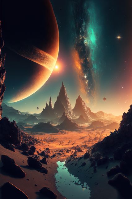Vibrant alien landscape with towering mountains and distant planets in the sky. Ideal for use in sci-fi book covers, movie posters, concept art, and space-themed presentations. Evokes wonder and imagination.