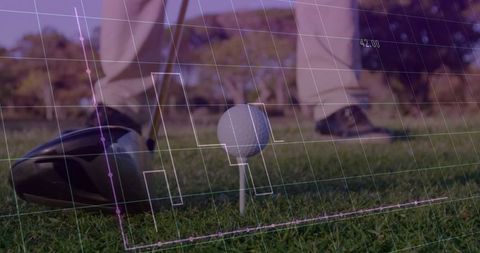 Golfer aiming with high tech precision grid overlay on fairway