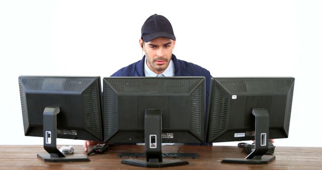 Focused Man Monitoring Multiple Computer Screens at Desk - Download Free Stock Images Pikwizard.com