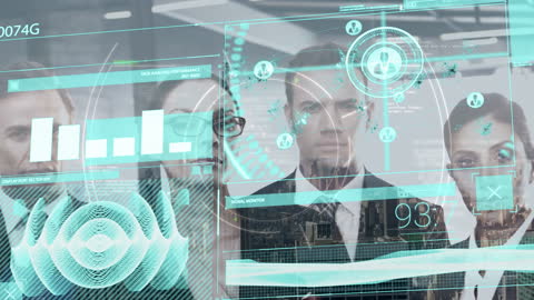 Futuristic Data Analysis Interface with Diverse Professionals