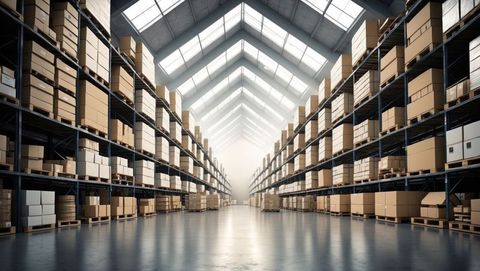 Wide Aisle Stretching Across Warehouse with Skylight and Storage Racks - Download Free Stock Images Pikwizard.com