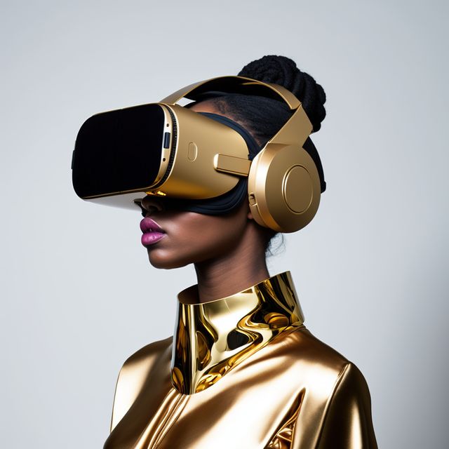 This image depicts a fashionable woman wearing a modern VR headset. Ideal for use in technology articles, fashion blogs merging tech and style, virtual reality reviews, or innovative tech advertisements. Showcases combination of high-end fashion and cutting-edge technology.