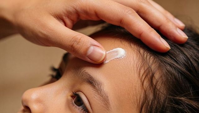 Parent applying gentle ointment to child forehead near hairline closeup for home skincare