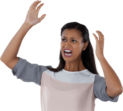 Angry Biracial Woman Screaming With Arms Raised on Transparent Background