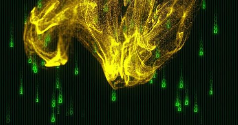Swirling yellow particle cloud with streaming binary code