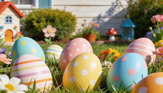 Pastel Easter eggs resting in sunlit spring garden with daisies and miniature ornaments