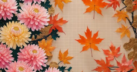 Autumn Maple Leaf Falls Surrounded by Chrysanthemums