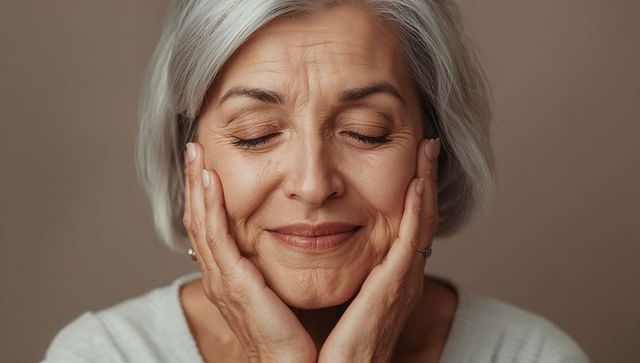 Smiling senior woman cupping cheeks wearing light knit sweater and ring, closeup calm expression