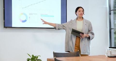 Businesswoman Presenting Market Analysis with Tablet in Modern Office