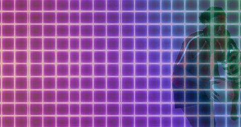 Young Woman Cradling Ball on Neon Grid Stage for Futuristic Sports, Tech, Lifestyle