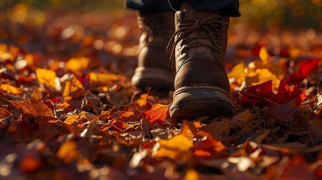 Stepping through autumn leaves in scuffed brown leather boots closeup warm golden bokeh