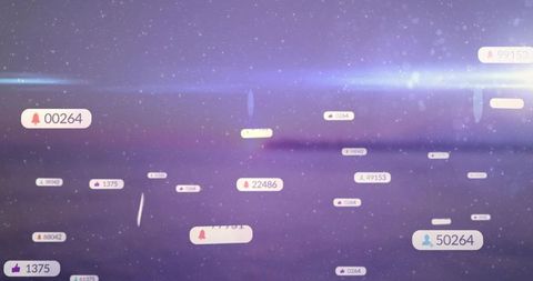 Floating social media notification badges over purple-pink gradient bokeh lens flare depth