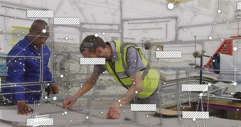 Technicians measuring panels in workshop with digital overlay