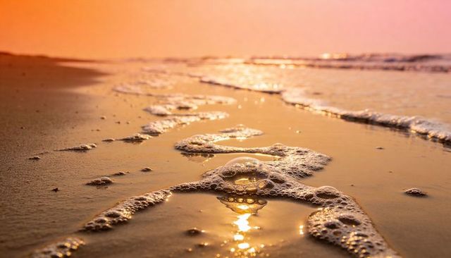 Sunset foam ring reflecting golden light on wet sandy shoreline at low tide