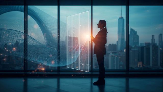 Executive woman interacting with holographic touchscreen over urban skyline, futuristic tech