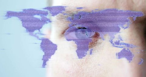 Global vision overlay: male profile overlapping purple glitch world map