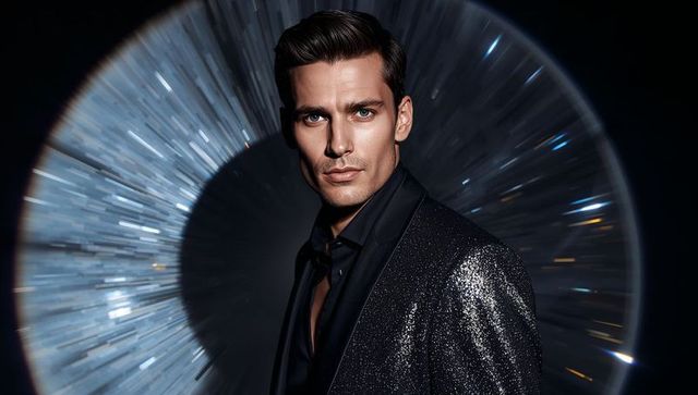 Posing male model wearing glitter blazer and open-collar shirt with radial light burst