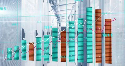 Futuristic data analytics overlay in server room